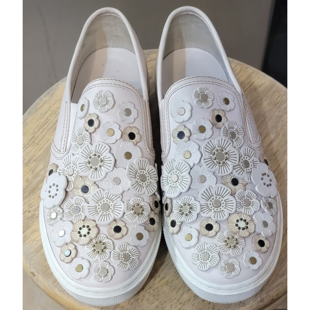 Coach White Floral Tea Rose Riveted Die Cut Slip-On Sneakers US 8.5